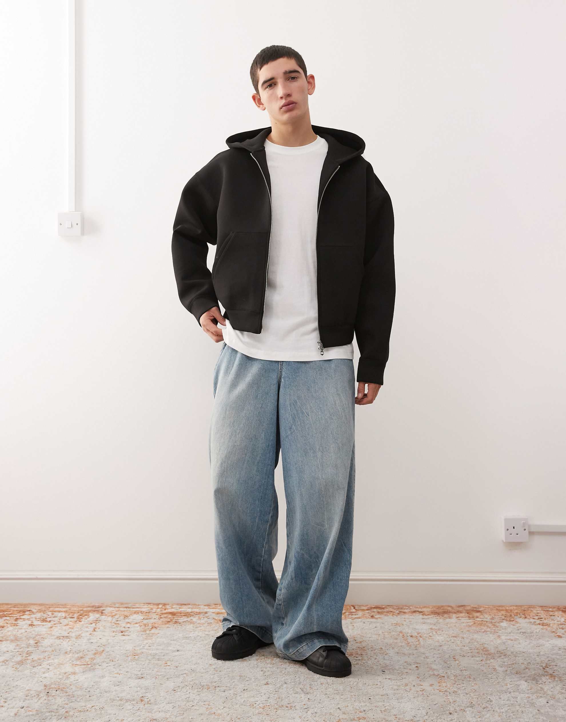 Weekday Simon zip through hoodie black scuba-style fabric