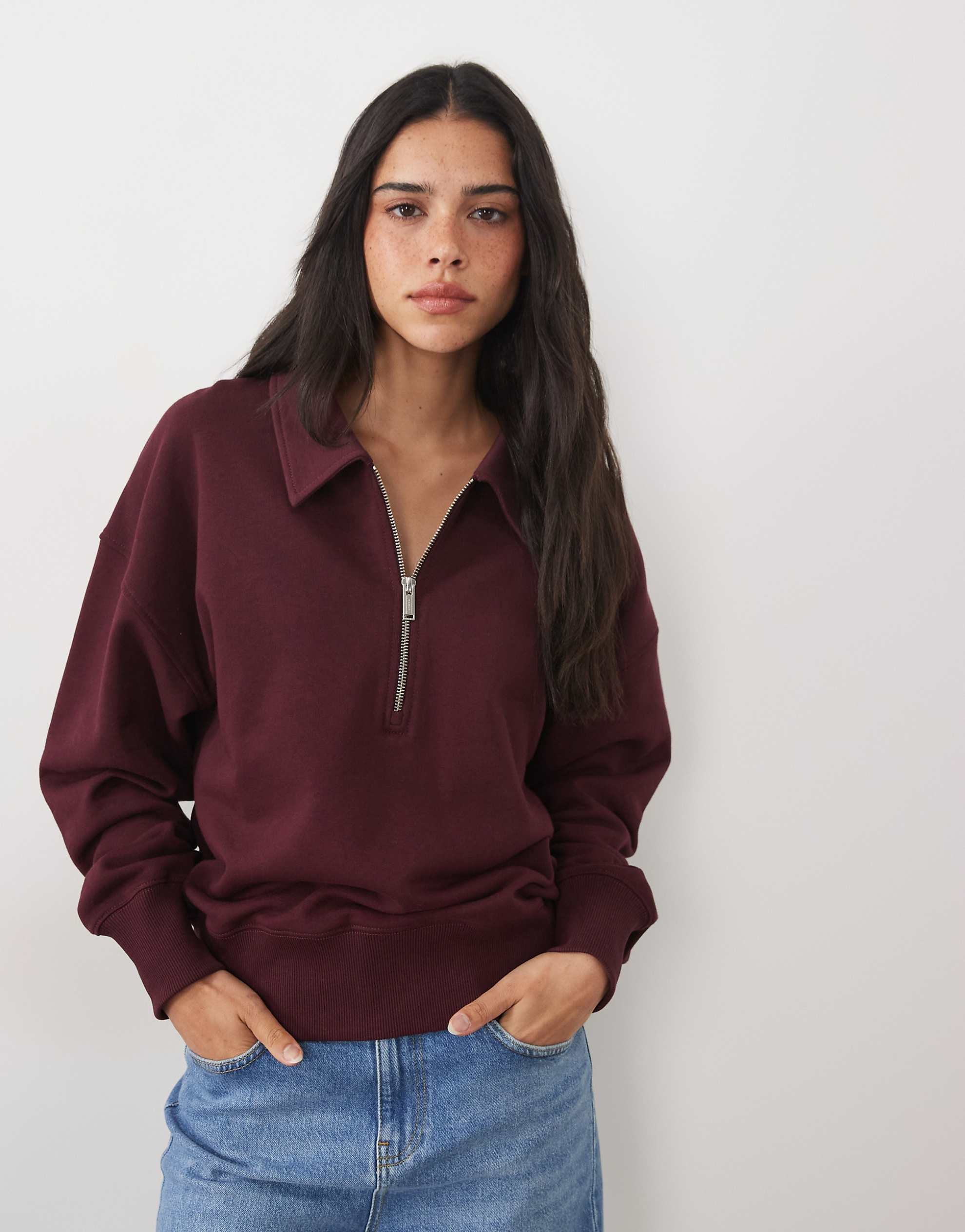 ARKET cotton long sleeve quarter zip sweatshirt burgundy