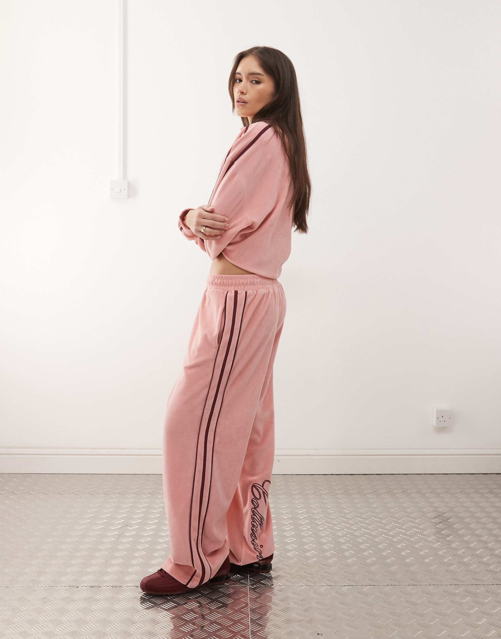 COLLUSION embroidered velour co-ord dusty pink
