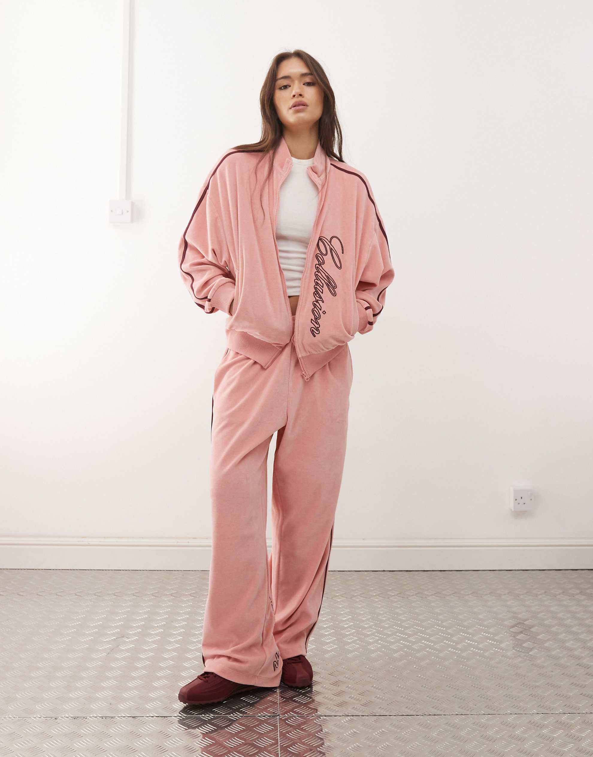COLLUSION embroidered velour co-ord dusty pink