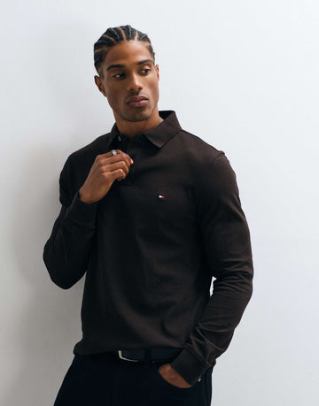 Tommy Hilfiger flag logo long sleeve polo shirt brown.