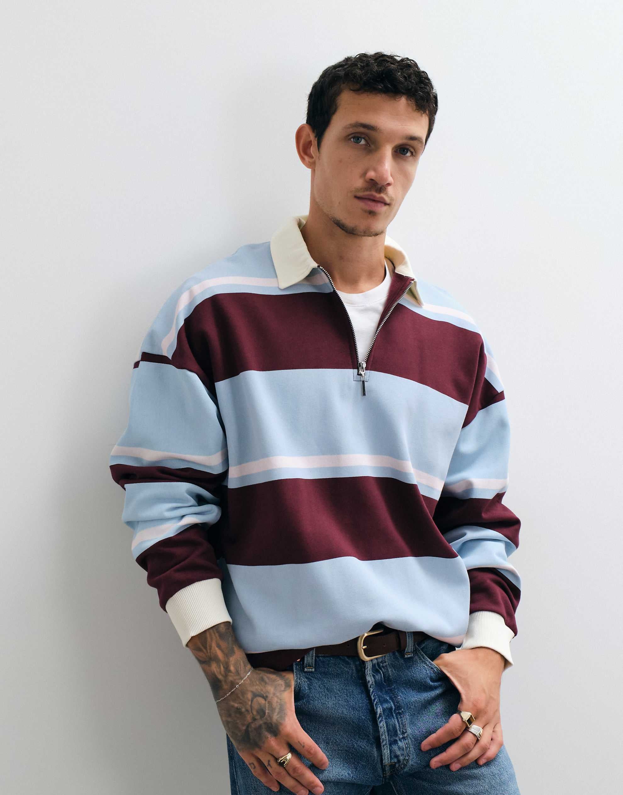 DESIGN extreme oversized half zip rugby stripe blue burgundy