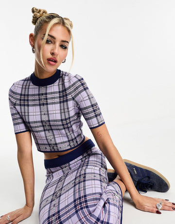 HUGO Sloquita tartan knitted crop top purple