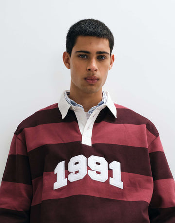 DESIGN relaxed rugby tonal stripe applique burgundy