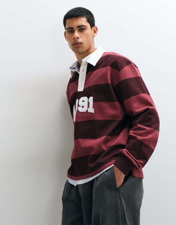 DESIGN relaxed rugby tonal stripe applique burgundy