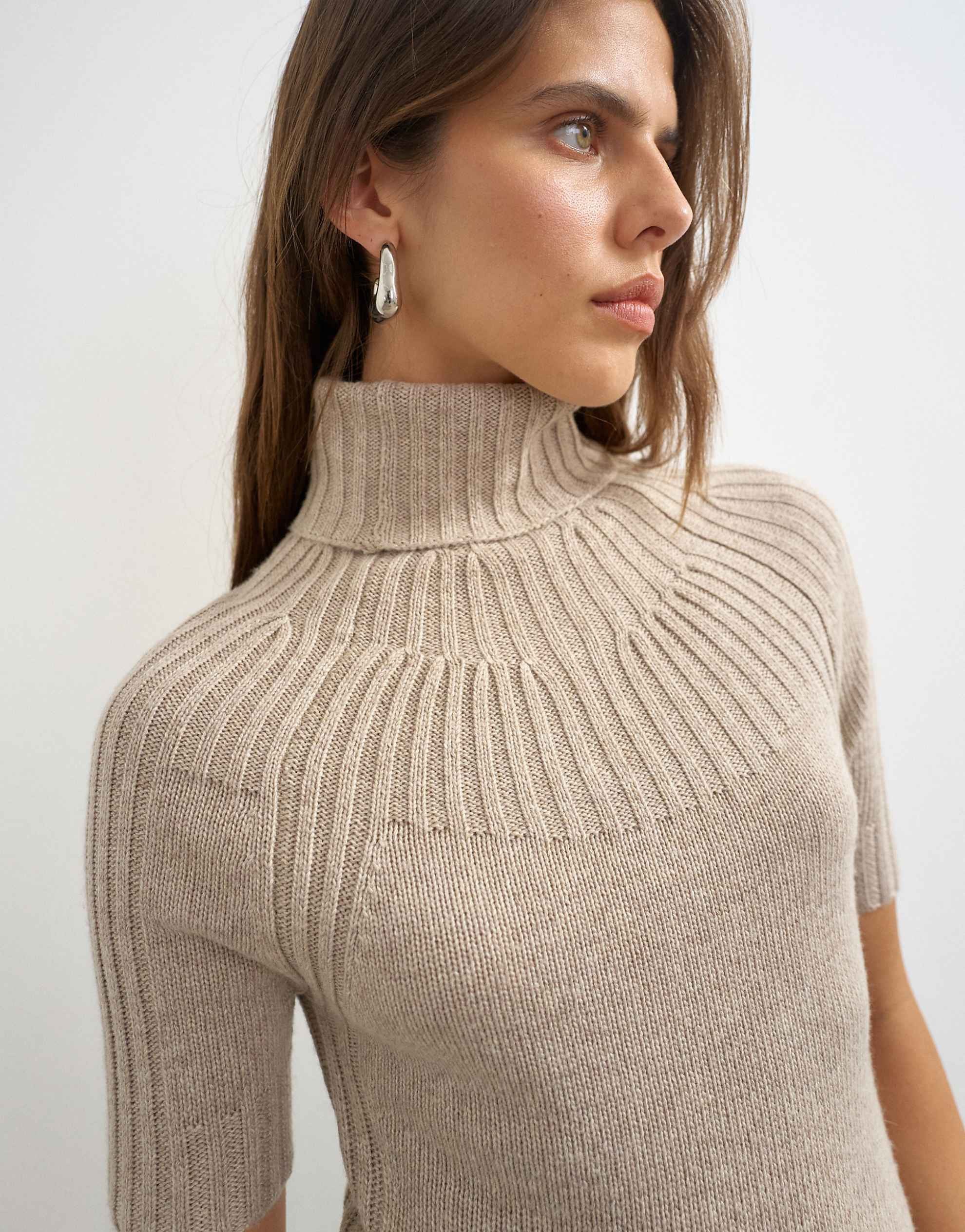 Topshop knitted rib yoke funnel neck top oat