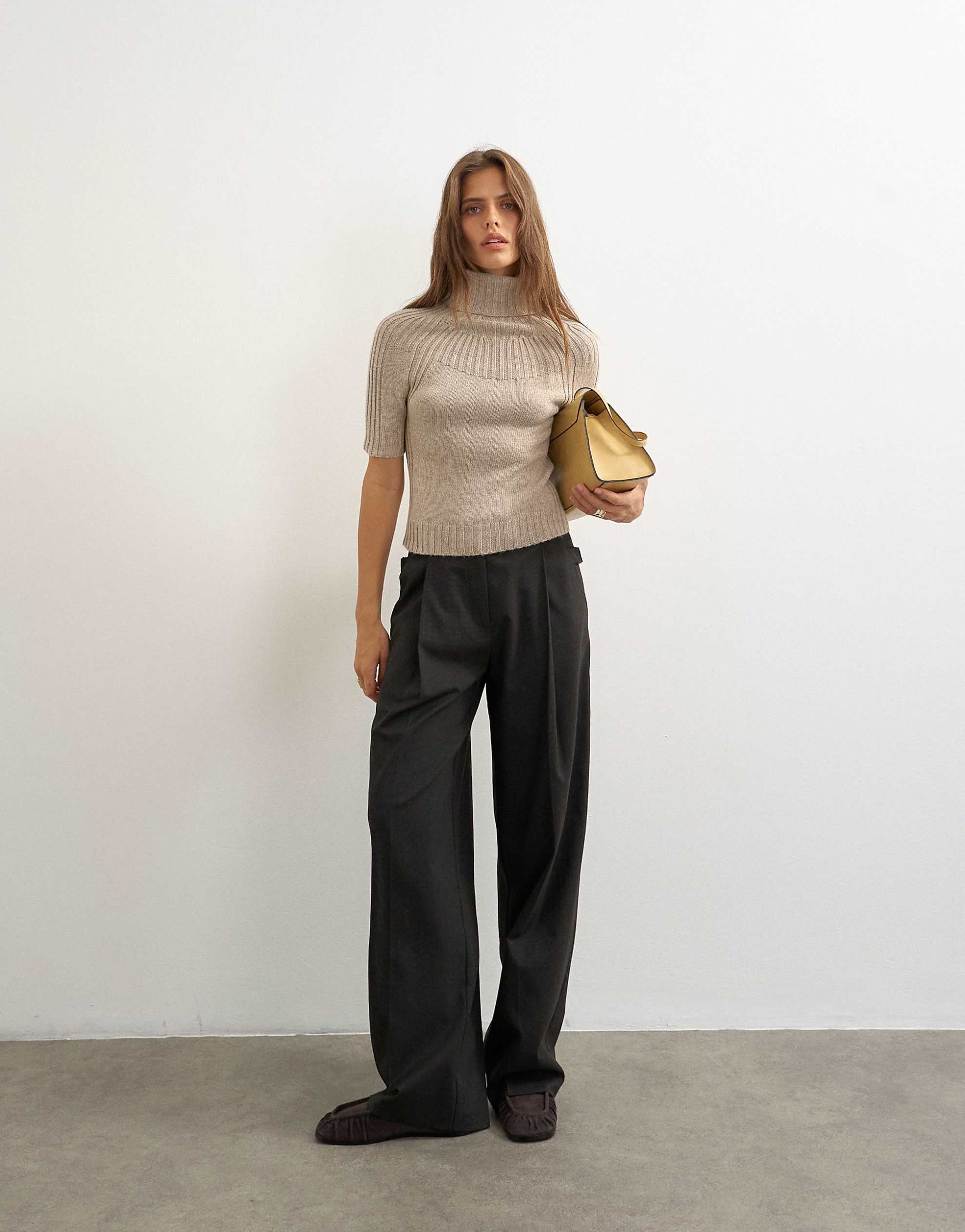 Topshop knitted rib yoke funnel neck top oat