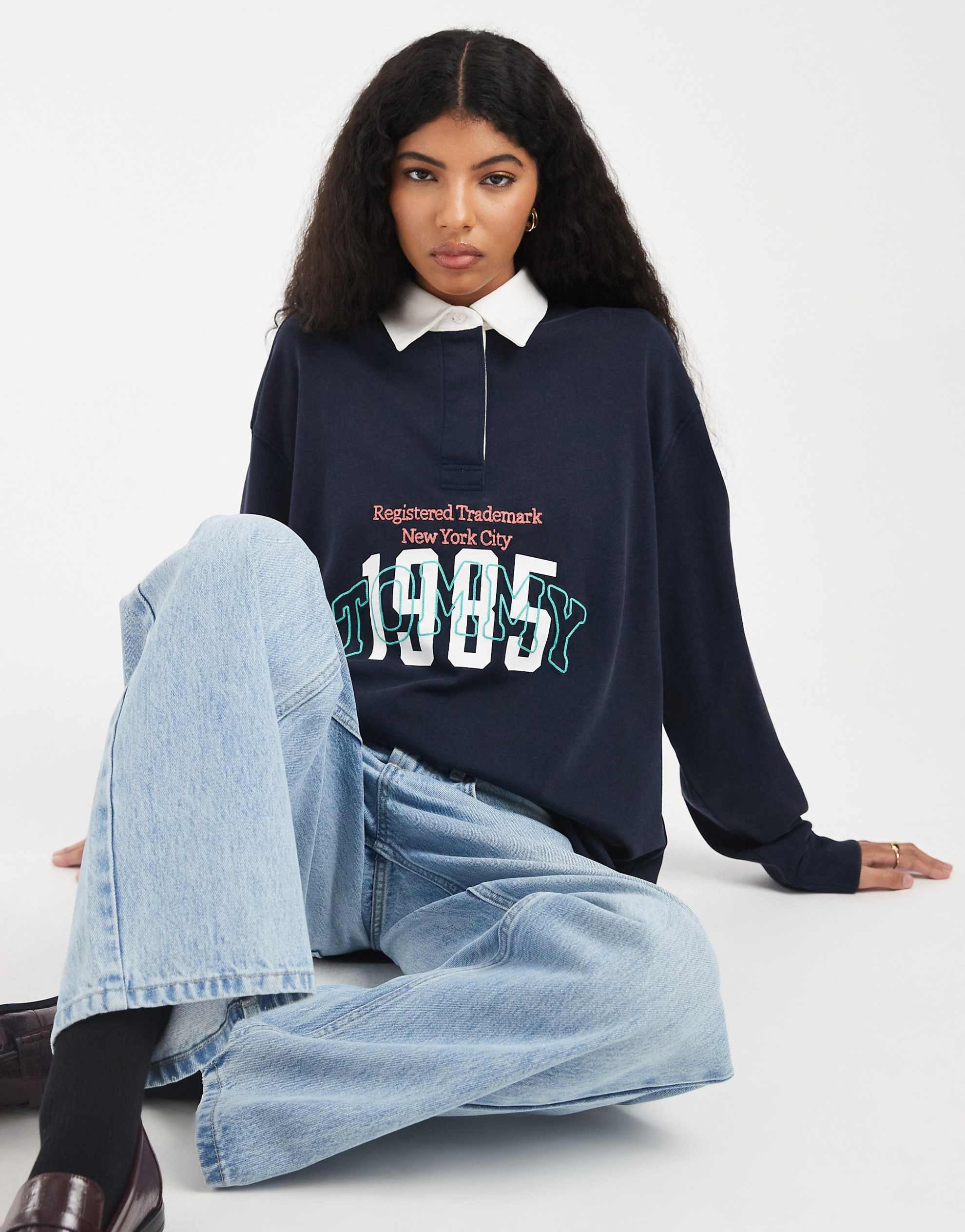 Tommy Jeans oversized varsity logo rugby top navy