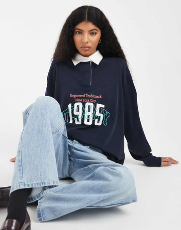 Tommy Jeans oversized varsity logo rugby top navy