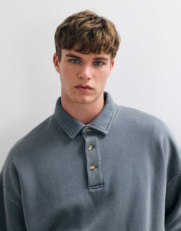 Abercrombie & Fitch oversized button up polo sweatshirt petrol blue