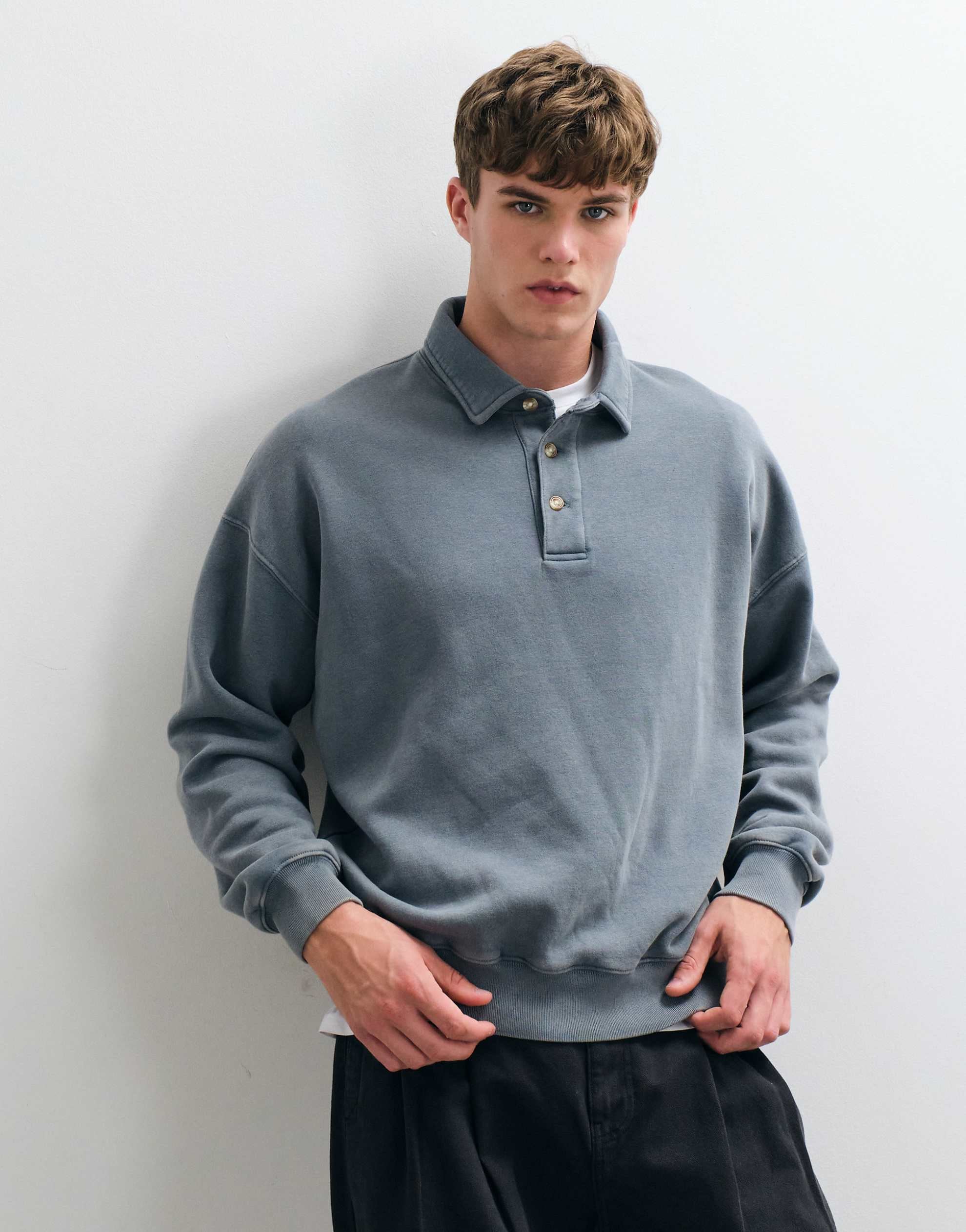 Abercrombie & Fitch oversized button up polo sweatshirt petrol blue