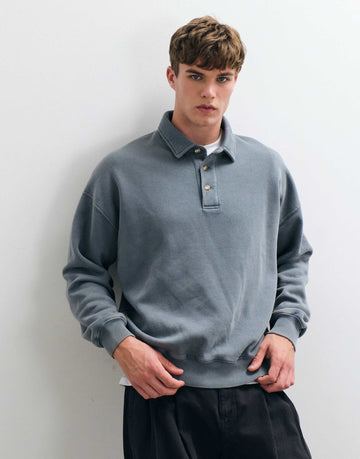 Abercrombie & Fitch oversized button up polo sweatshirt petrol blue