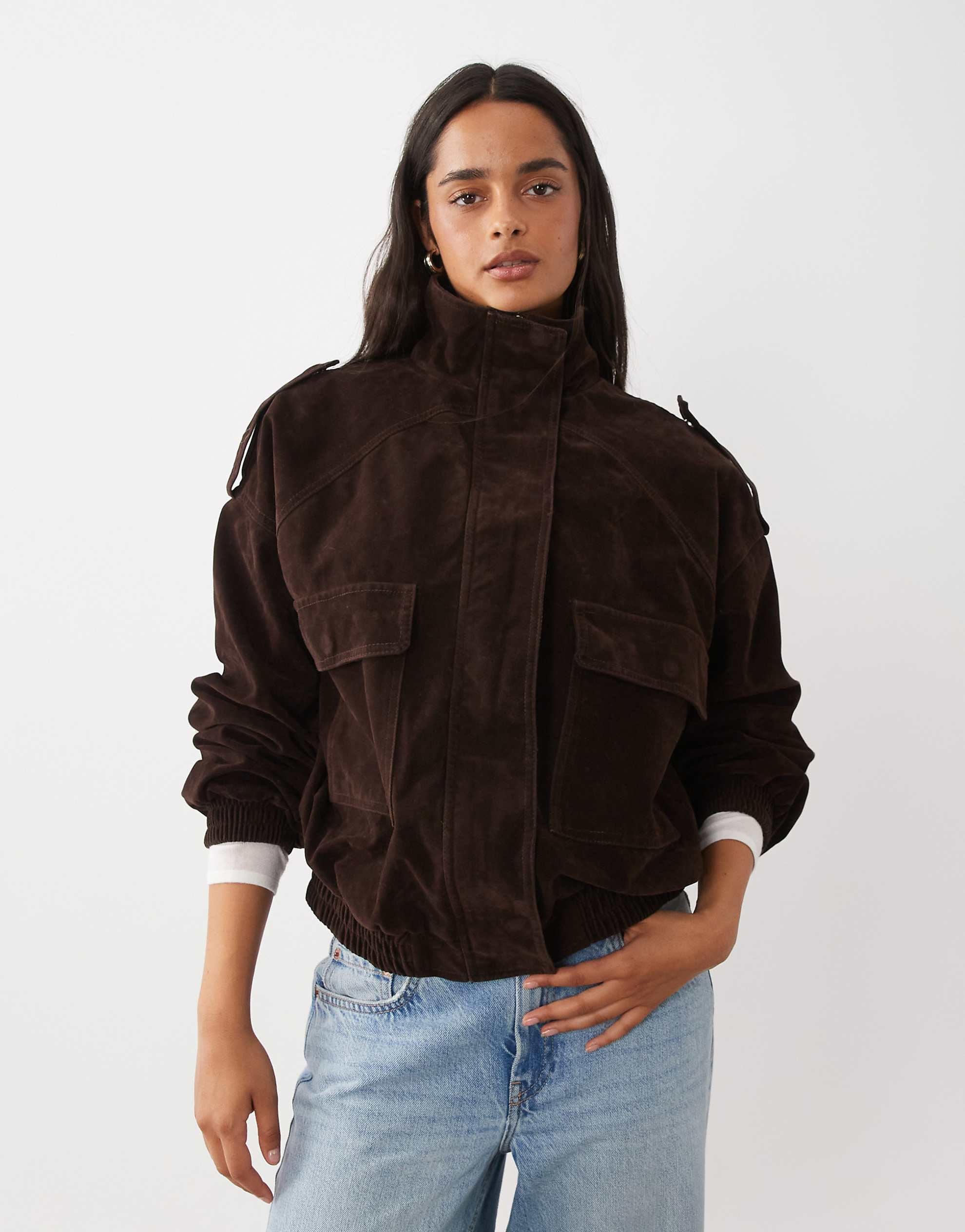 Kaiia exclusive faux suede cargo balloon bomber jacket chocolate