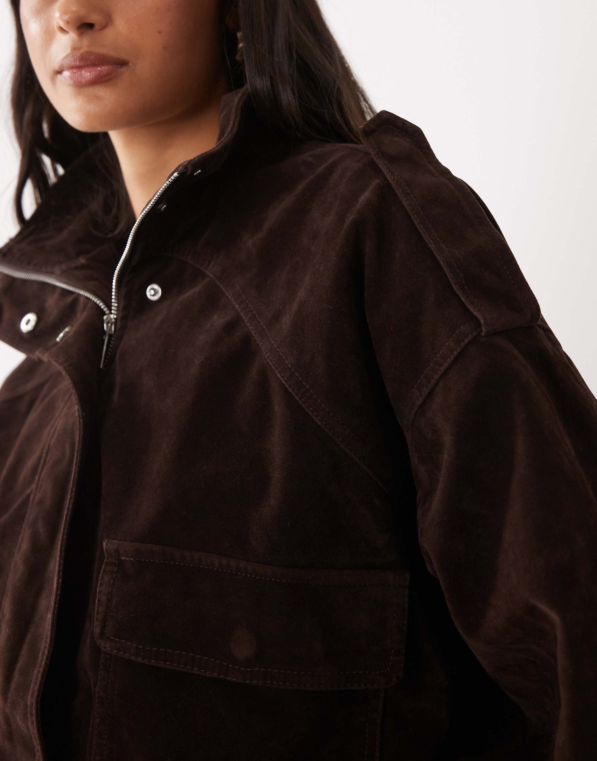 Kaiia exclusive faux suede cargo balloon bomber jacket chocolate