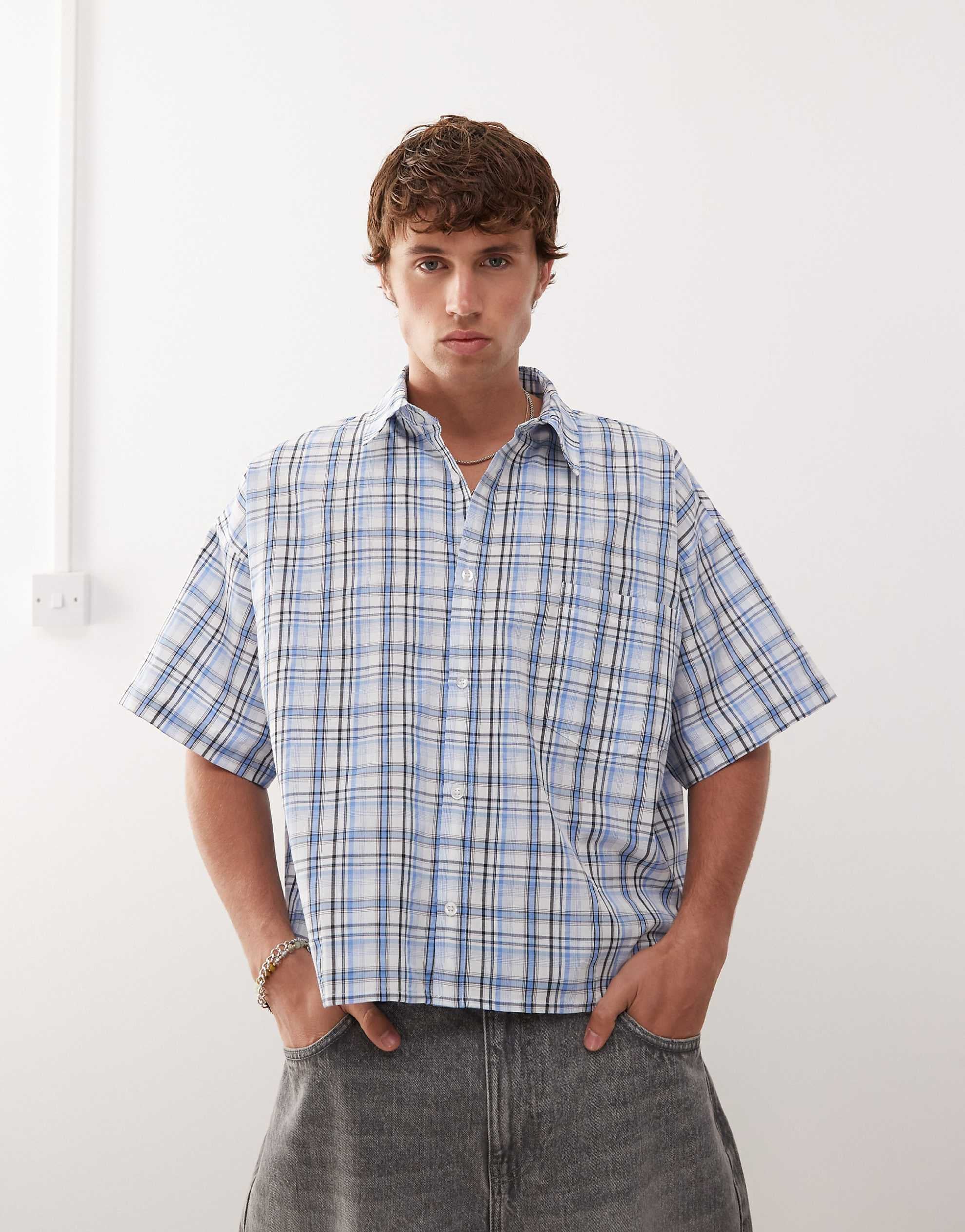 Reclaimed Vintage short sleeve boxy shirt blue check