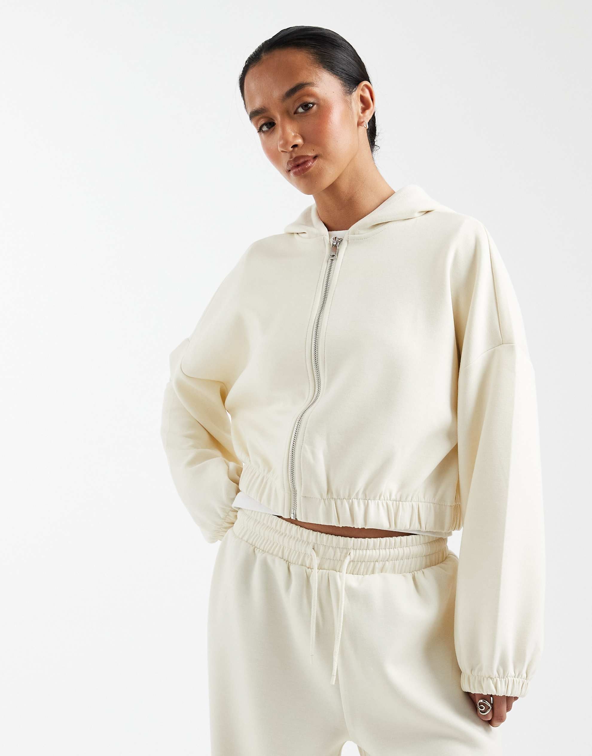 ONLY Petite soft touch hoodie & joggers co-ord in cream