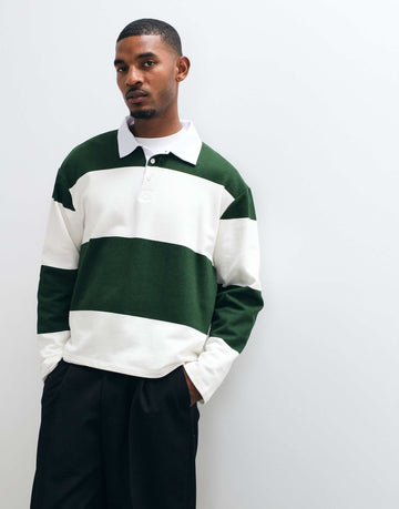 DESIGN oversized rugby polo sweatshirt ecru green stripe