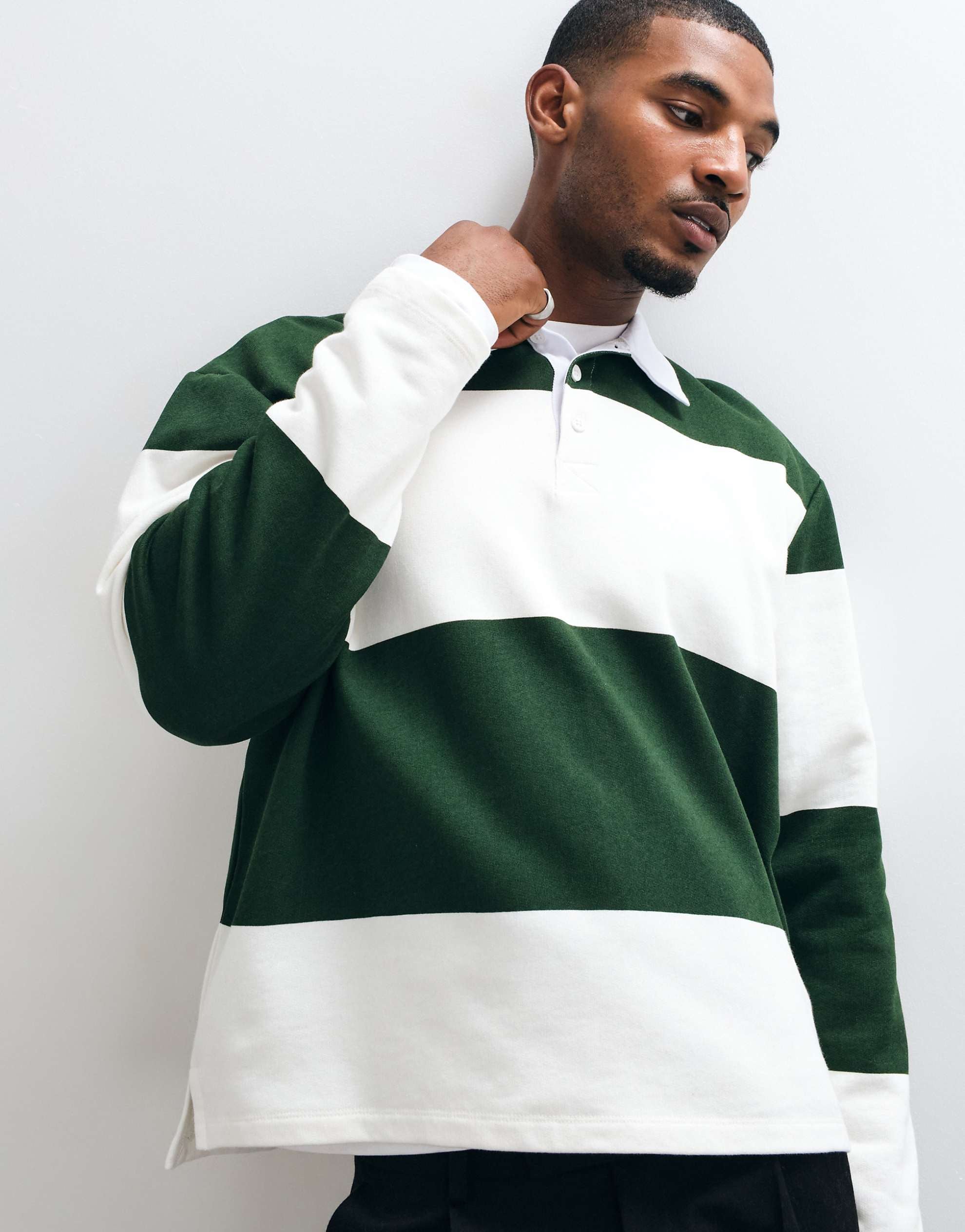 DESIGN oversized rugby polo sweatshirt ecru green stripe