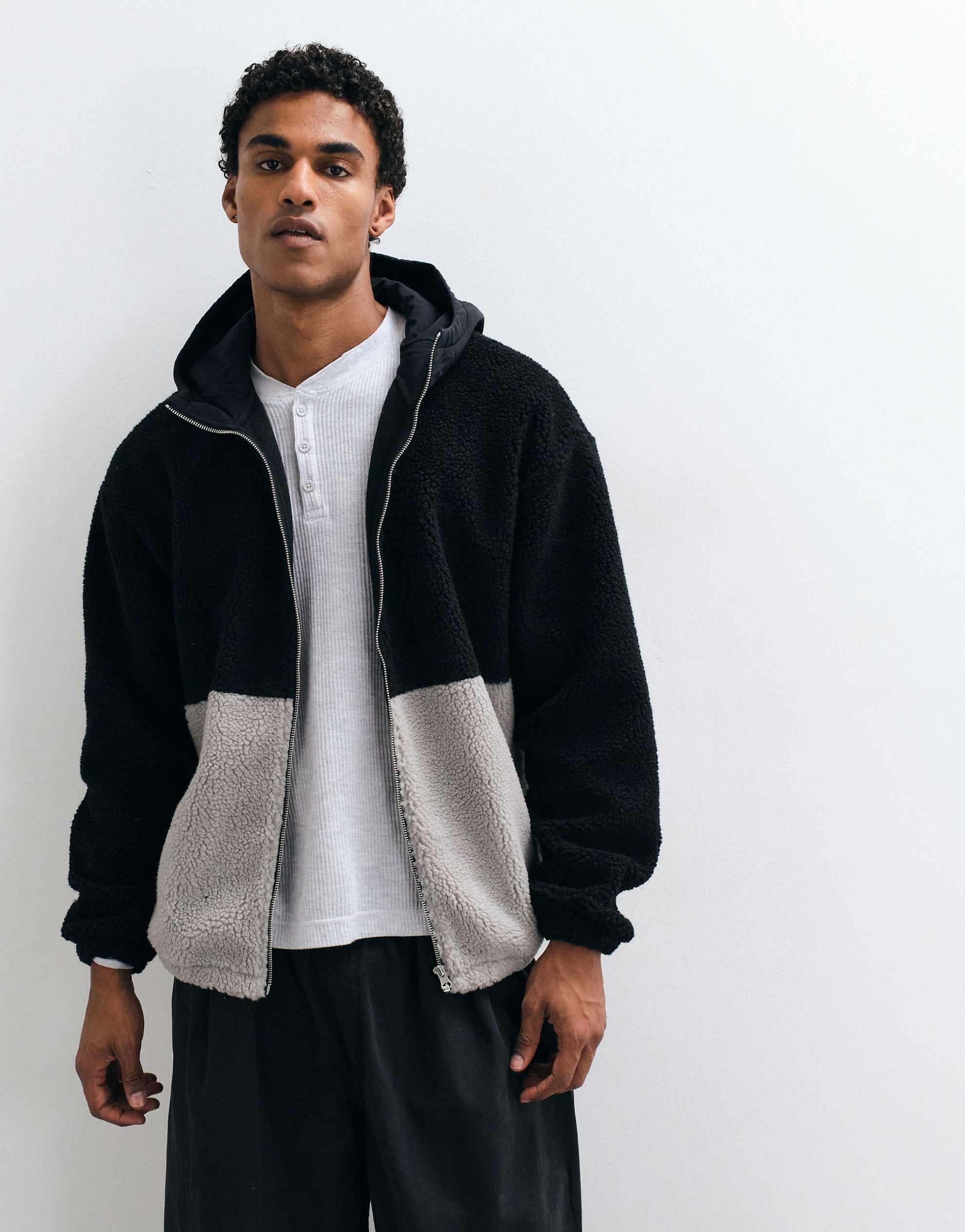 DESIGN oversized zip through hooded fleece cut sew panels black
