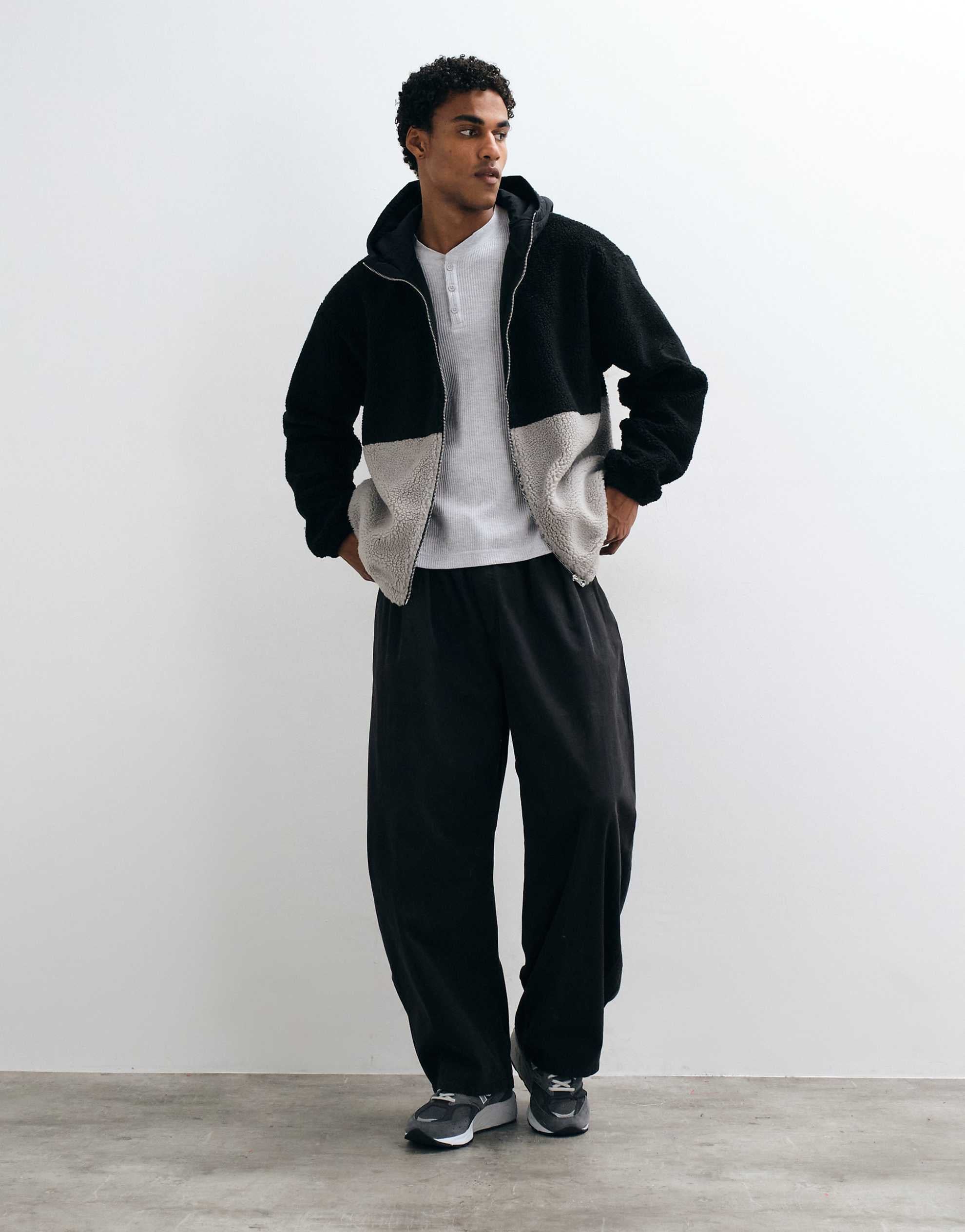 DESIGN oversized zip through hooded fleece cut sew panels black