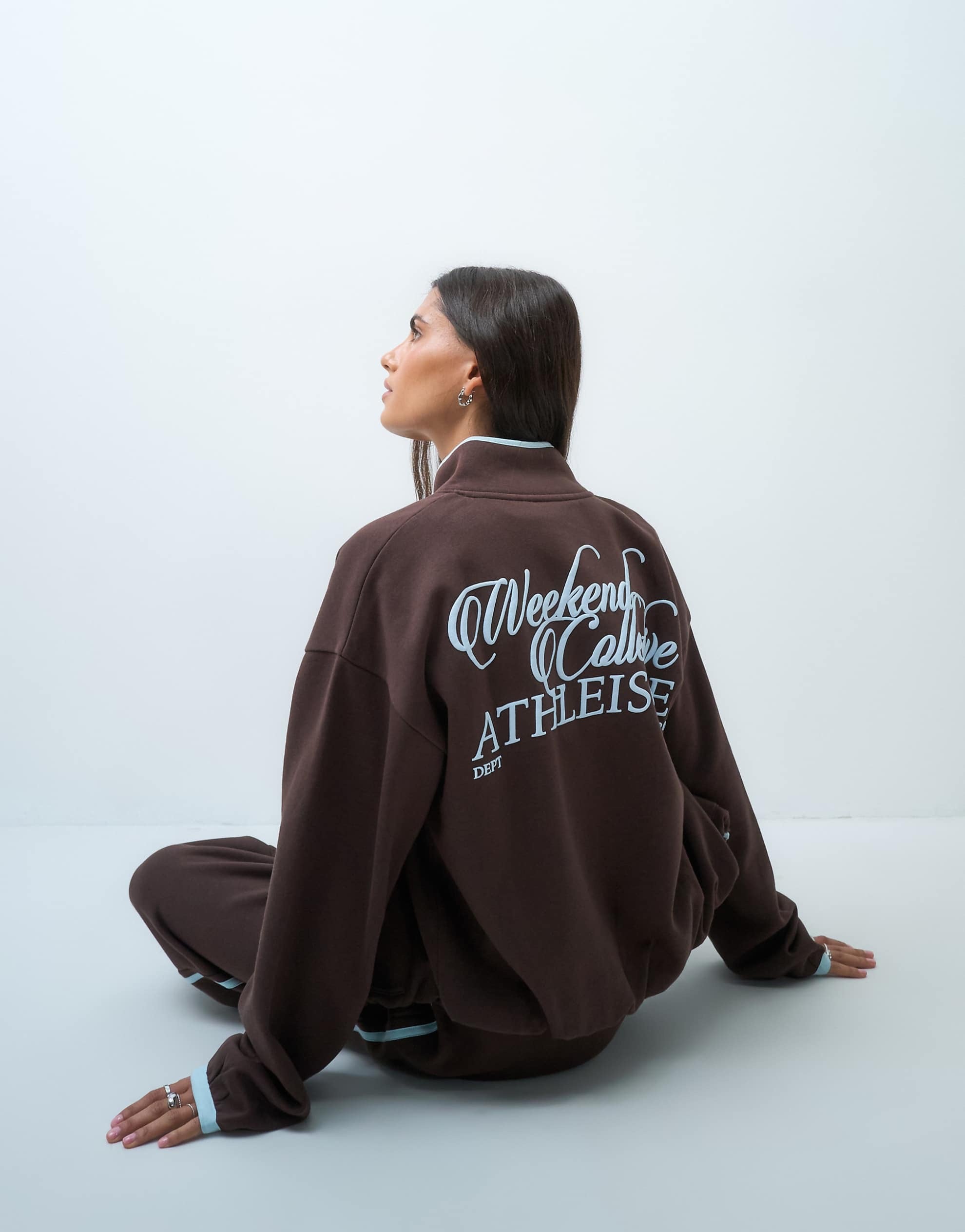 Weekend Collective jogger co-ord with contrast piping brown