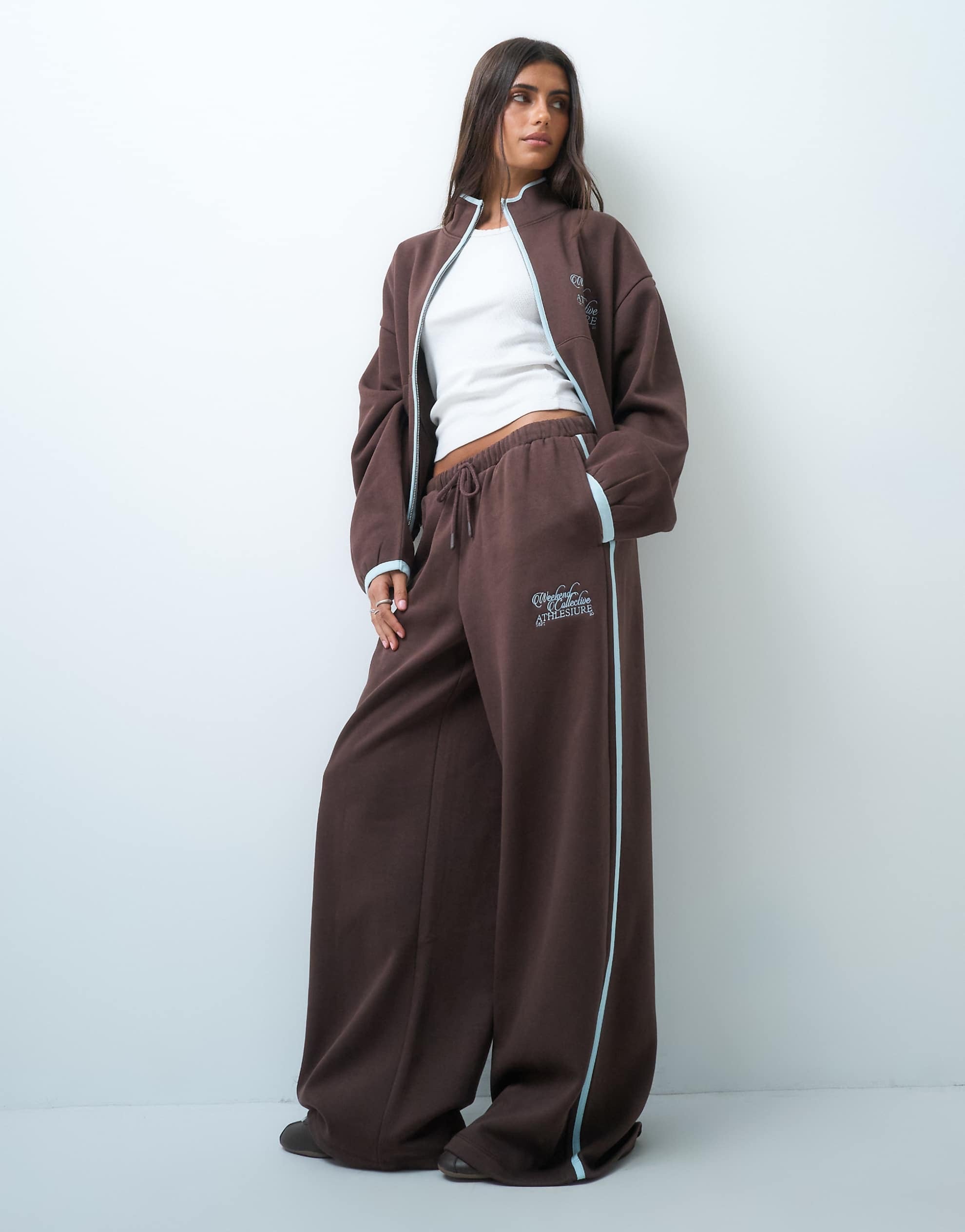 Weekend Collective jogger co-ord with contrast piping brown