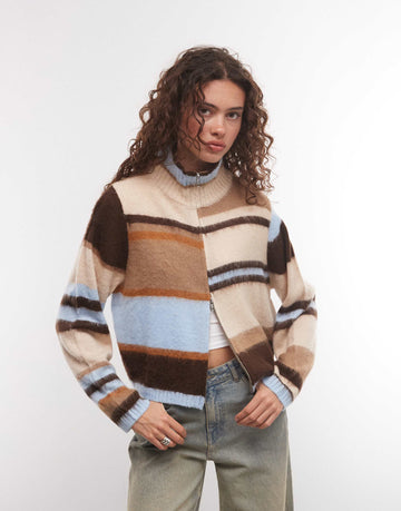 COLLUSION zip through funnel neck cardigan multi strip