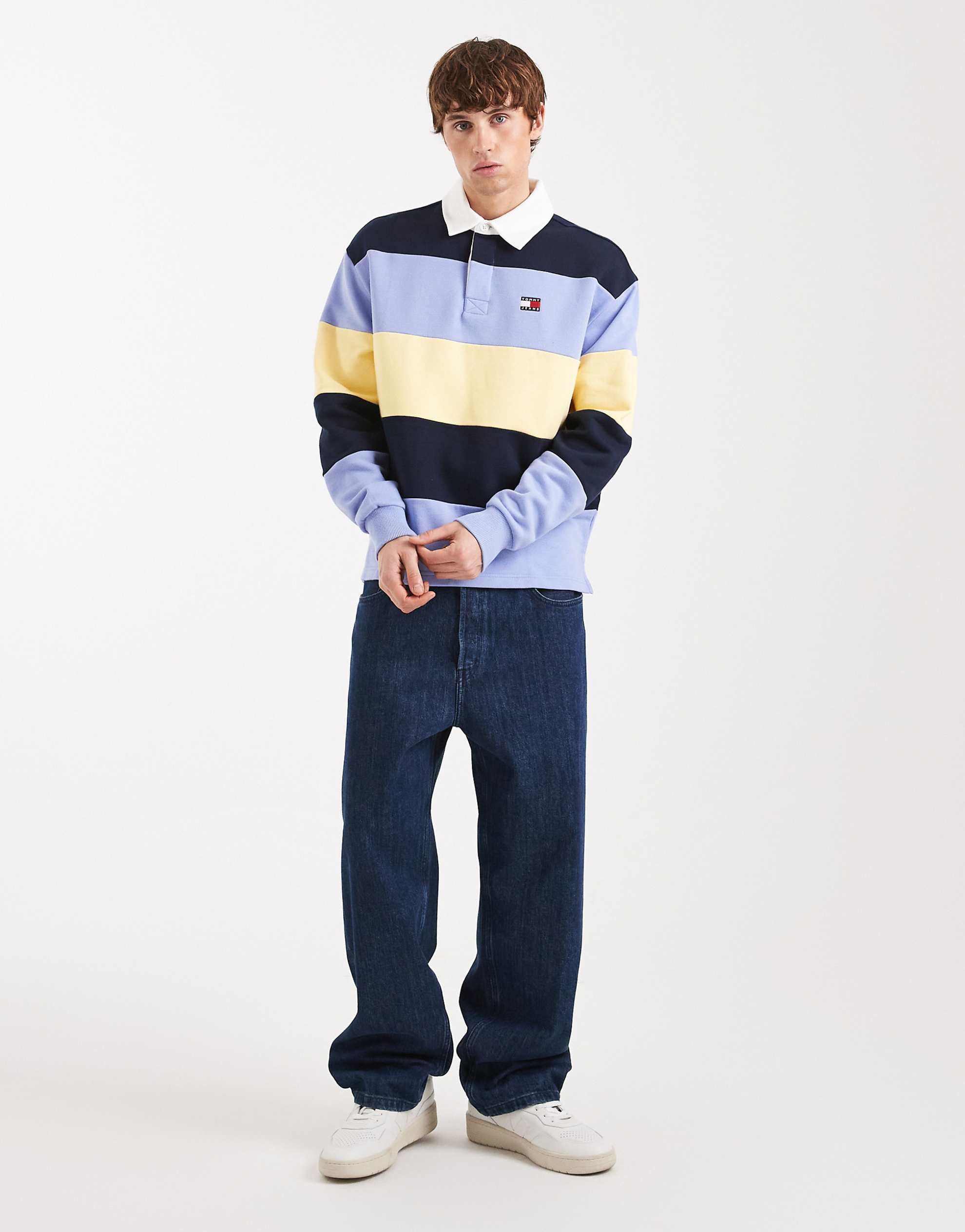 Tommy Jeans relaxed striped rugby sweater navy lilac yellow