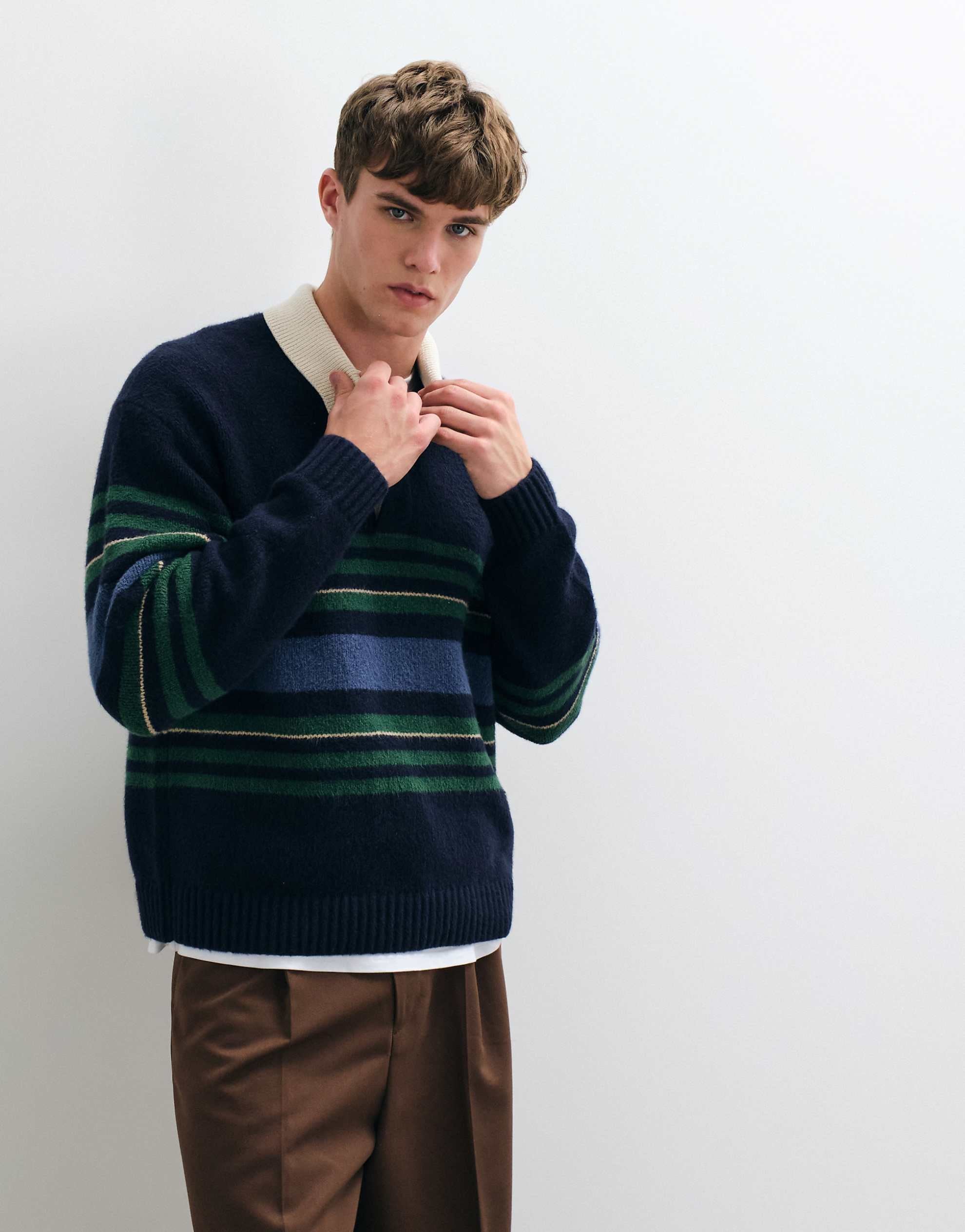 Abercrombie & Fitch knitted rugby polo jumper blue green stripe