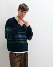 Load image into Gallery viewer, Abercrombie &amp; Fitch knitted rugby polo jumper blue green stripe