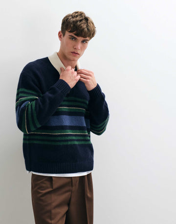 Abercrombie & Fitch knitted rugby polo jumper blue green stripe