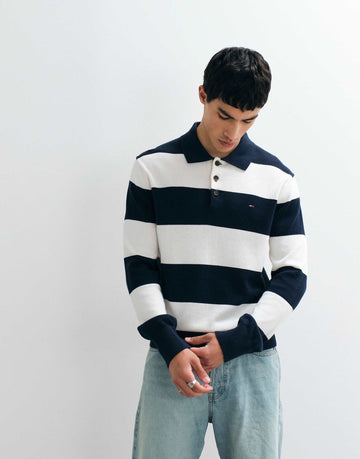Tommy Jeans flag logo slim fit rugby shirt navy/white stripe