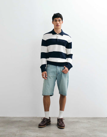 Tommy Jeans flag logo slim fit rugby shirt navy/white stripe