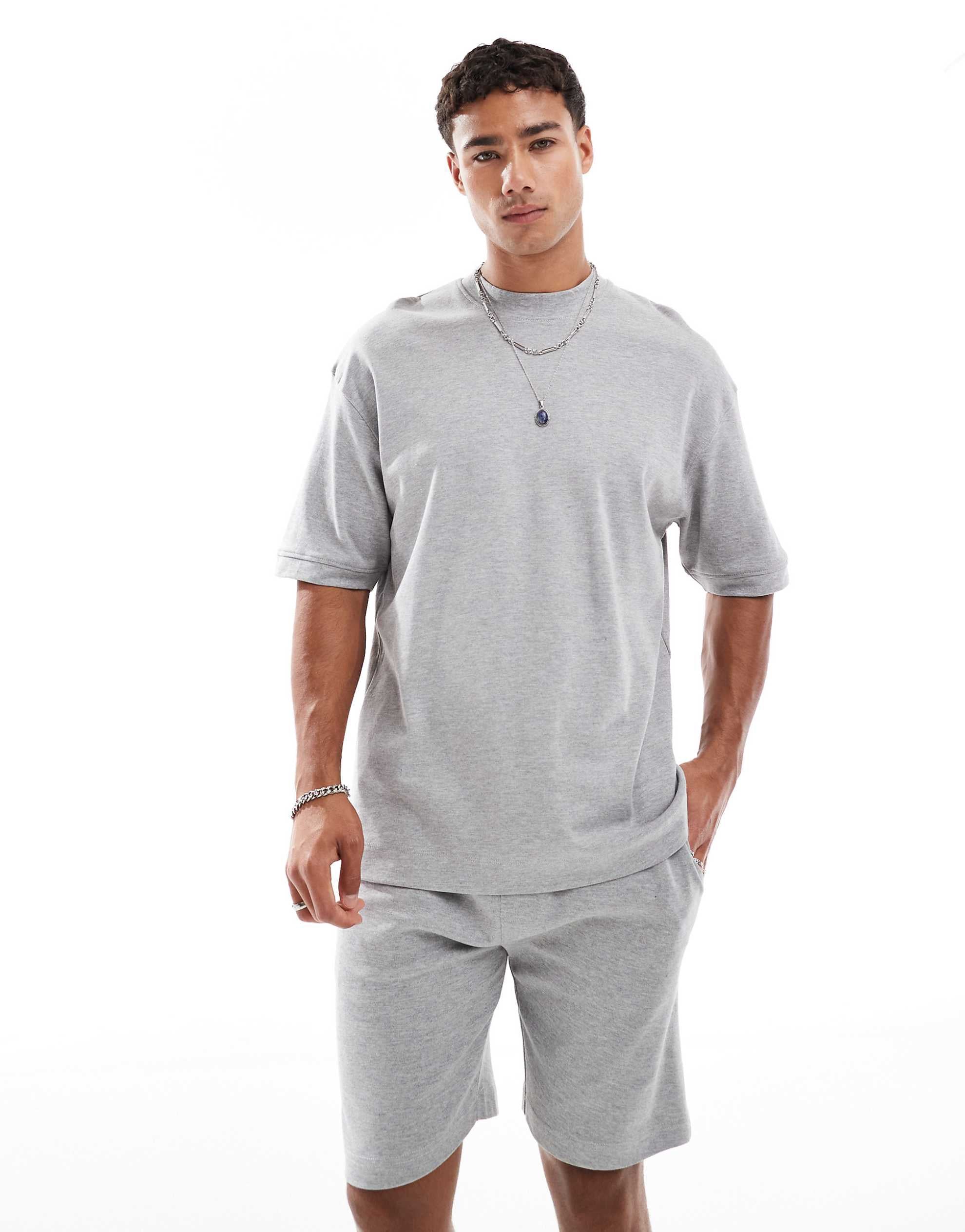 Brave Soul cotton blend t-shirt shorts co-ord set light grey