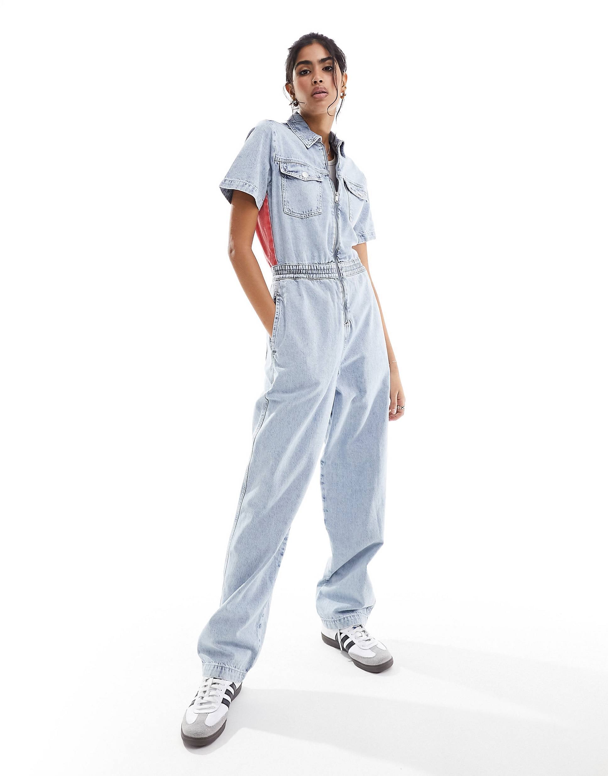 Tommy Jeans large flag denim boiler suit light wash