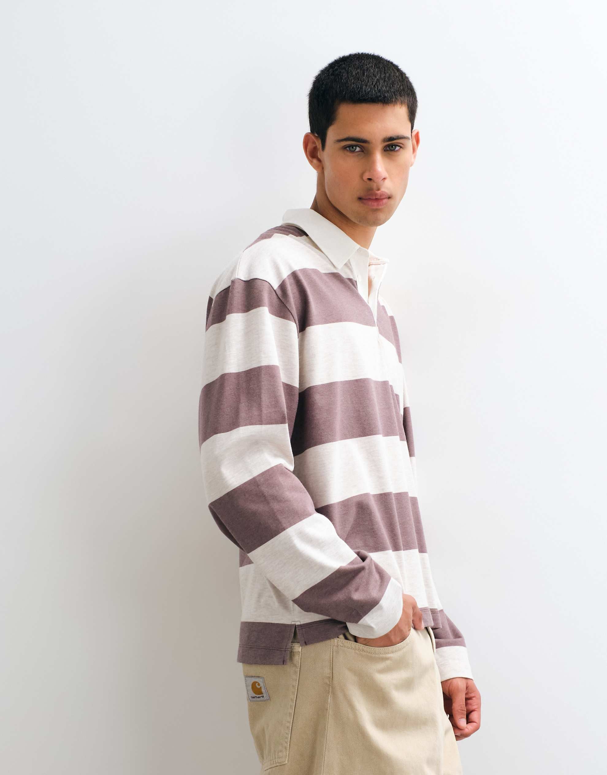 DESIGN relaxed long sleeve polo shirt with rugby neck beige stripe.