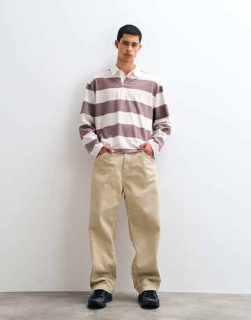 DESIGN relaxed long sleeve polo shirt with rugby neck beige stripe.