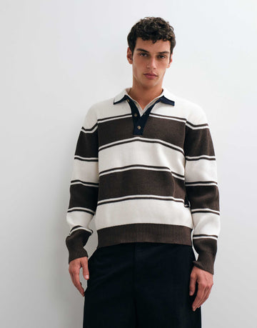 ONLY & SONS relaxed fit knitted rugby polo brown stripes