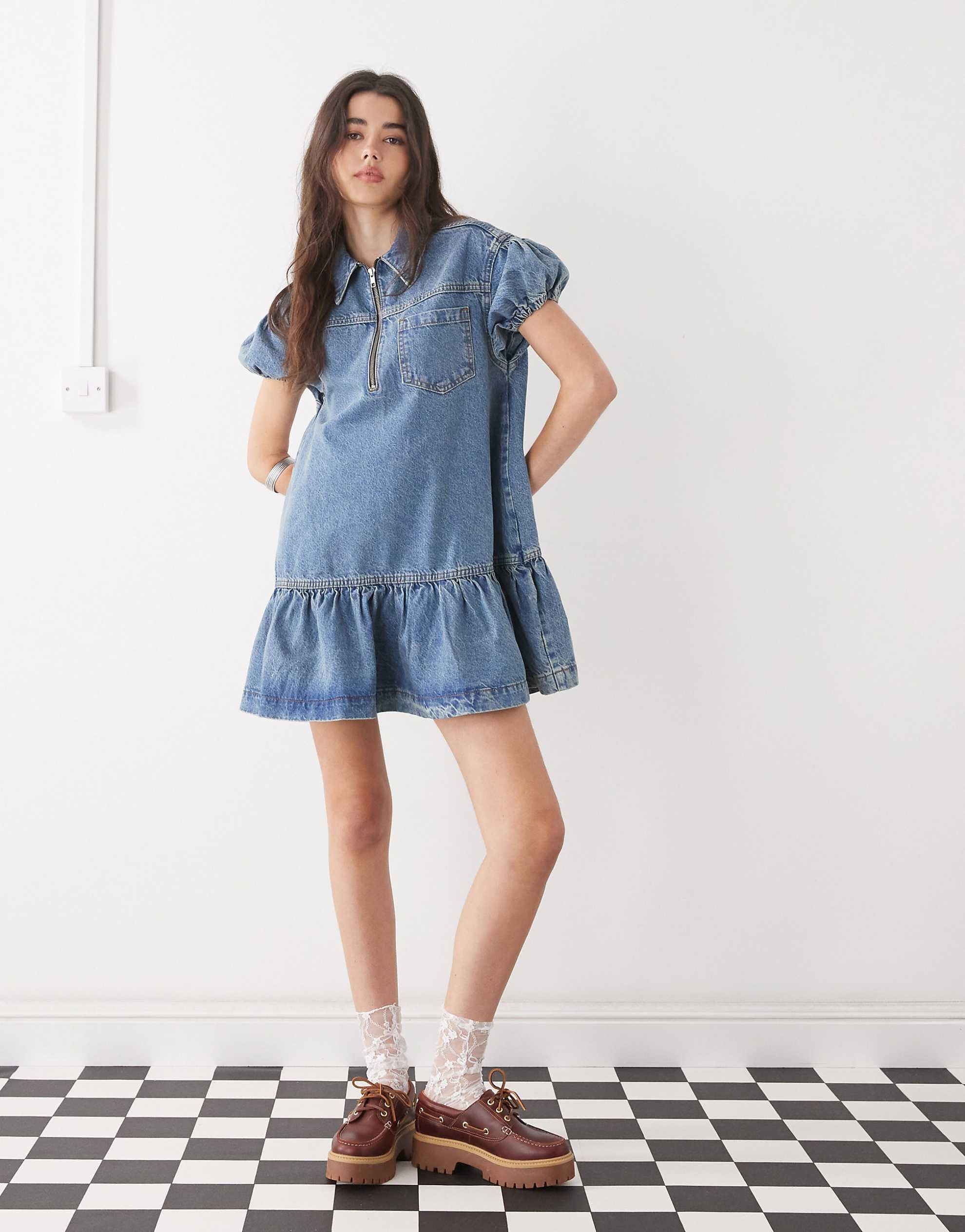 COLLUSION denim dress mid blue
