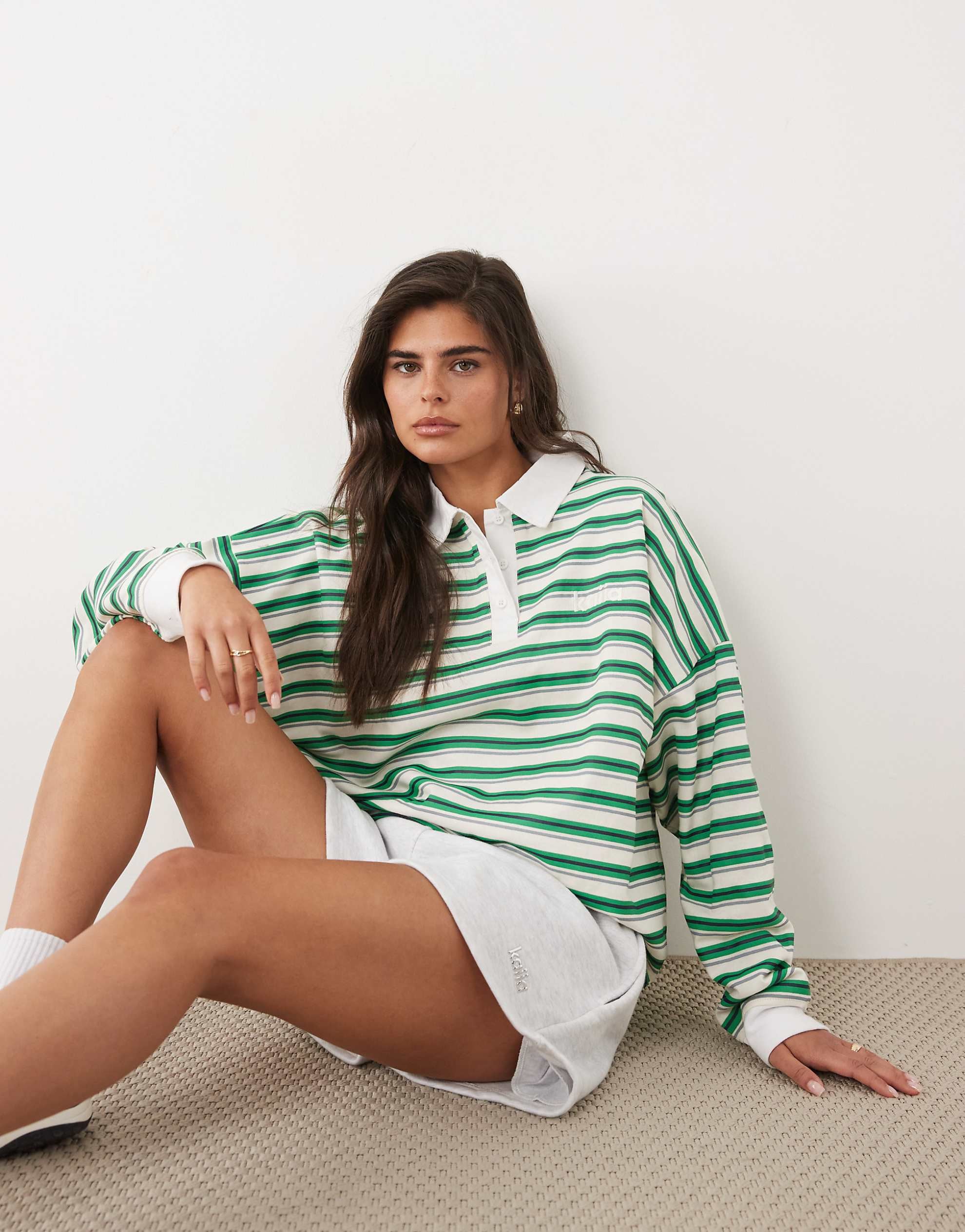 Kaiia cotton rich collar detail oversized rugby shirt green cream stripe