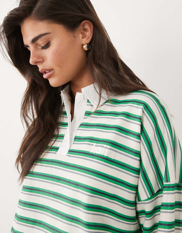 Kaiia cotton rich collar detail oversized rugby shirt green cream stripe