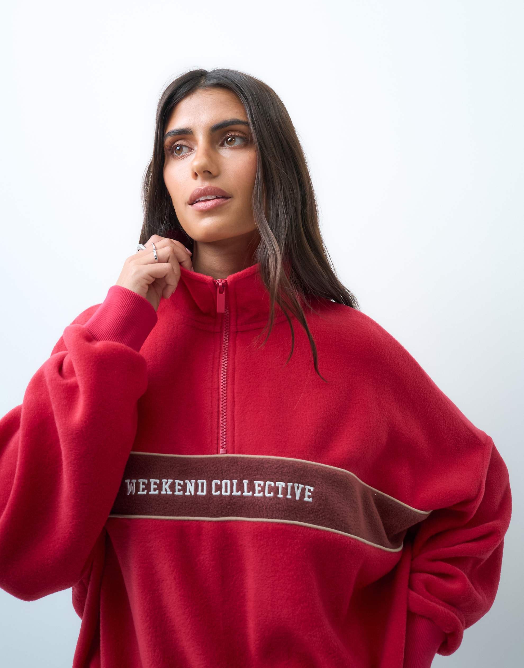Weekend Collective half zip polar fleece stripe detail red burgundy stripe
