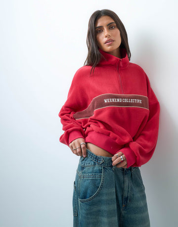 Weekend Collective half zip polar fleece stripe detail red burgundy stripe