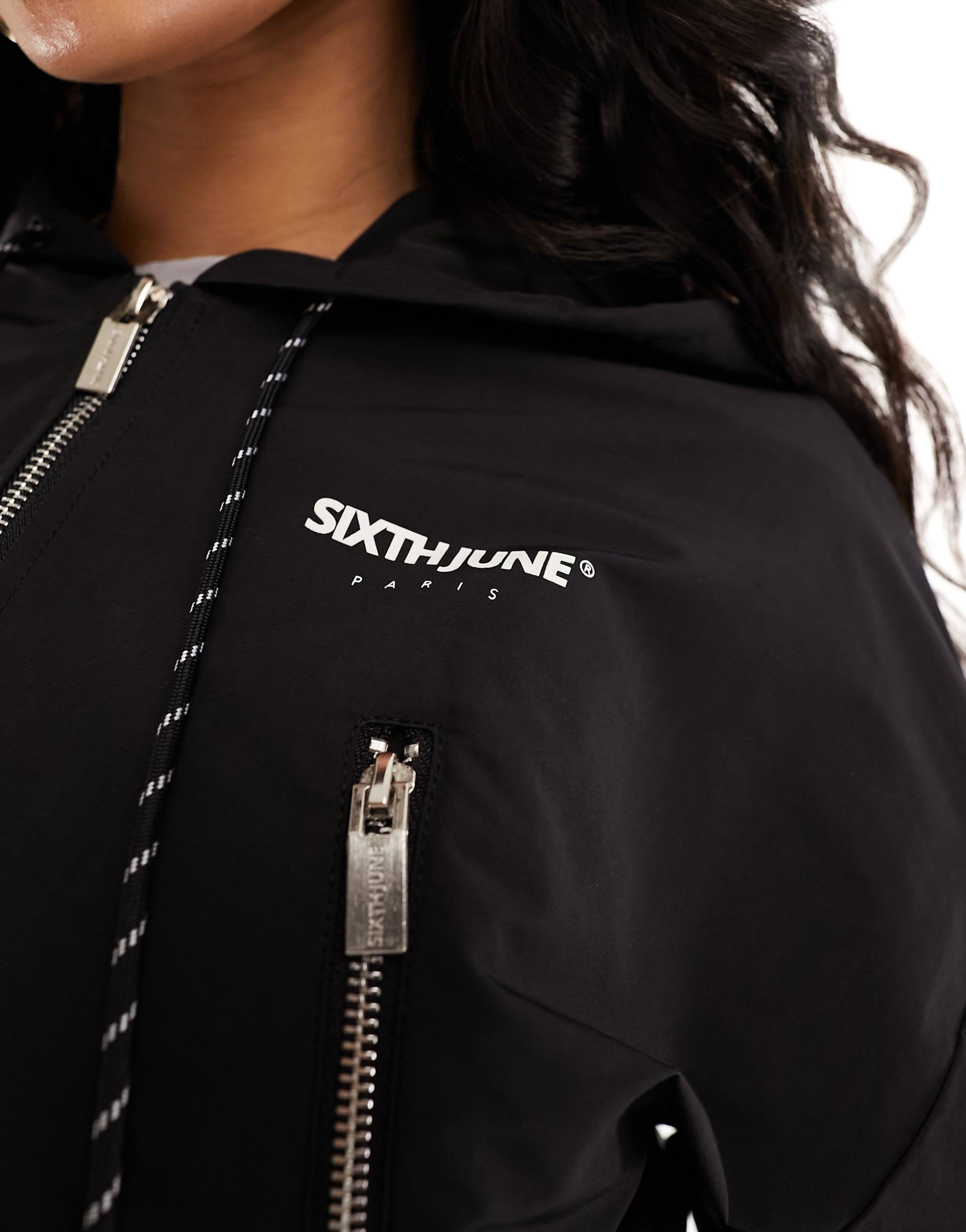 Sixth June co-ord nylon cropped hoodie black