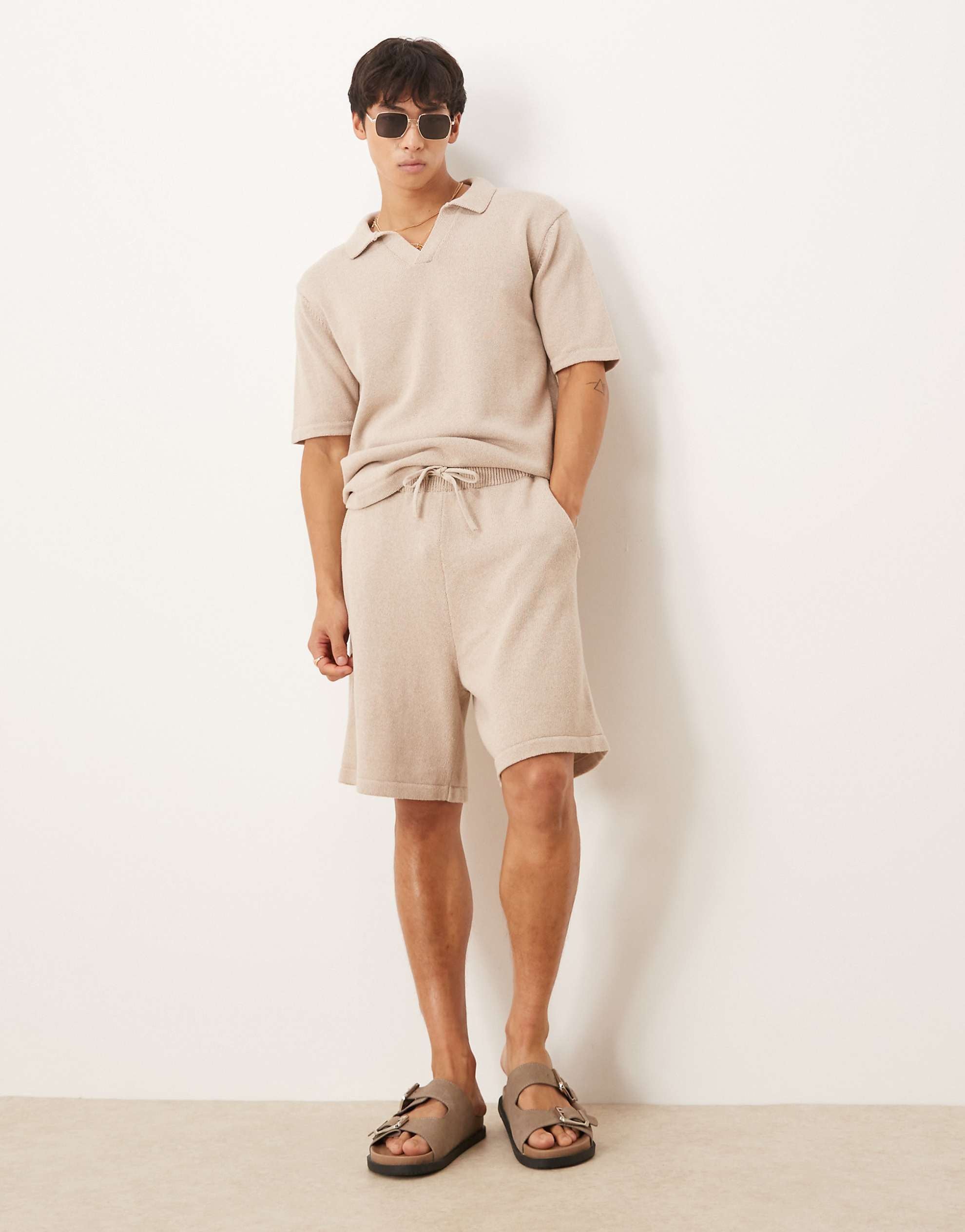 DESIGN relaxed knitted notch neck polo and shorts co-ord mink