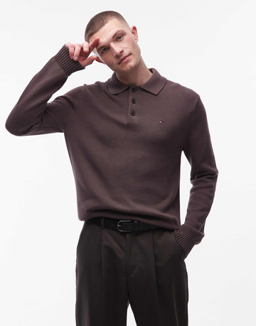 Tommy Jeans chest logo long sleeve polo shirt brown