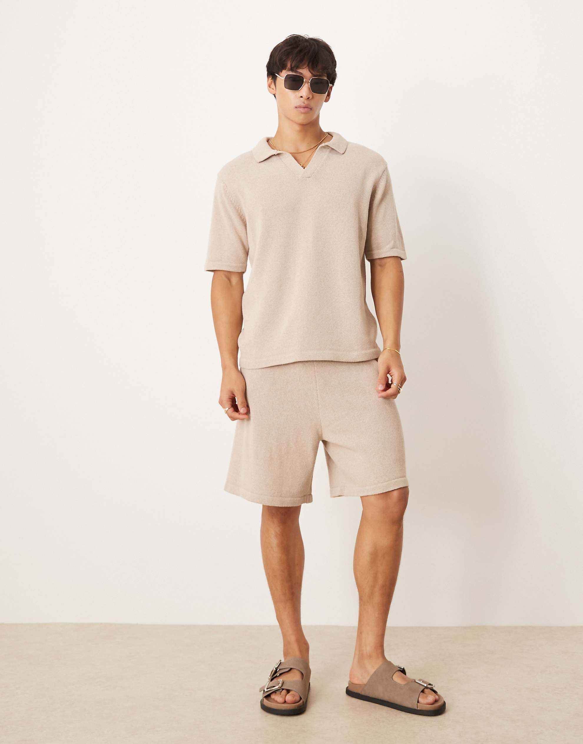 DESIGN relaxed knitted notch neck polo and shorts co-ord mink