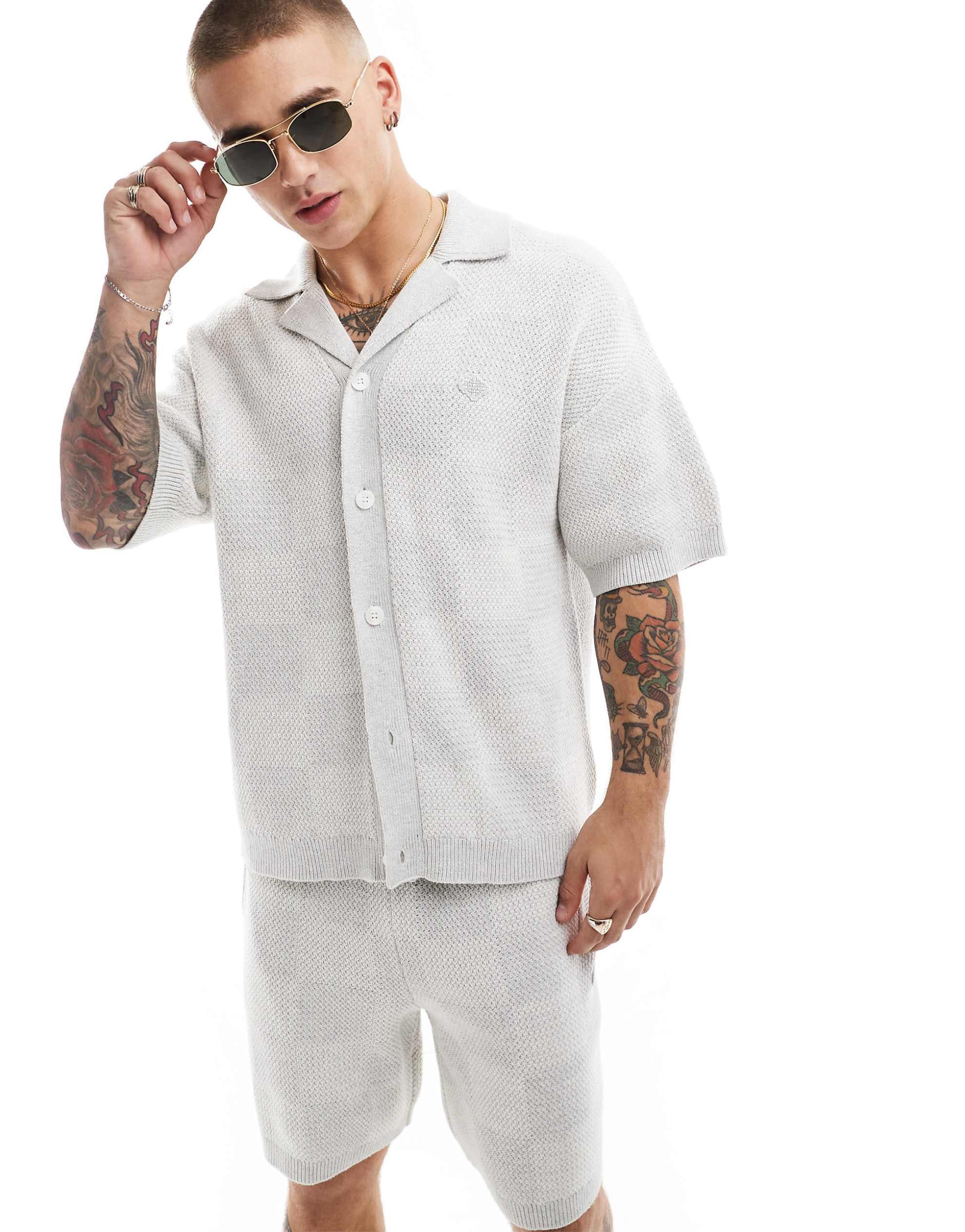 The Couture Club co-ord knitted checkerboard shirt grey