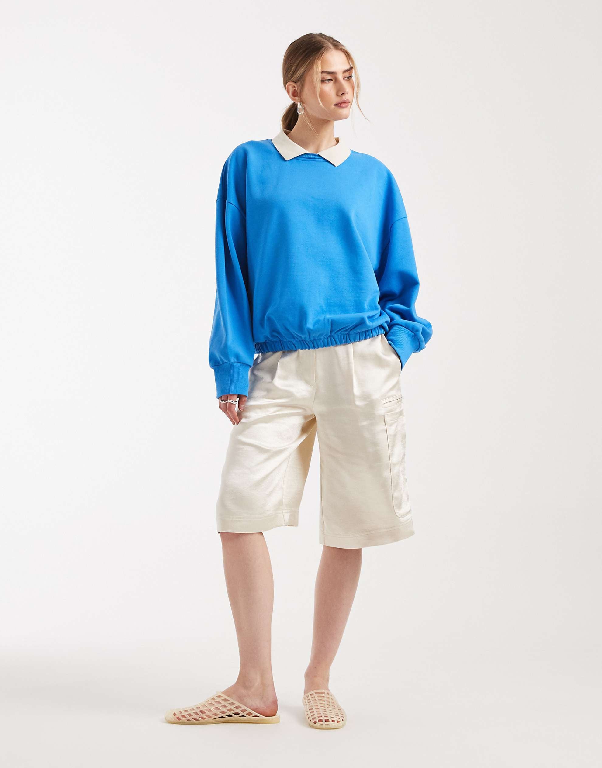 DESIGN heavy weight balloon hem sweat polo collar blue