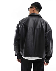 DESIGN oversized real leather cropped coach jacket black